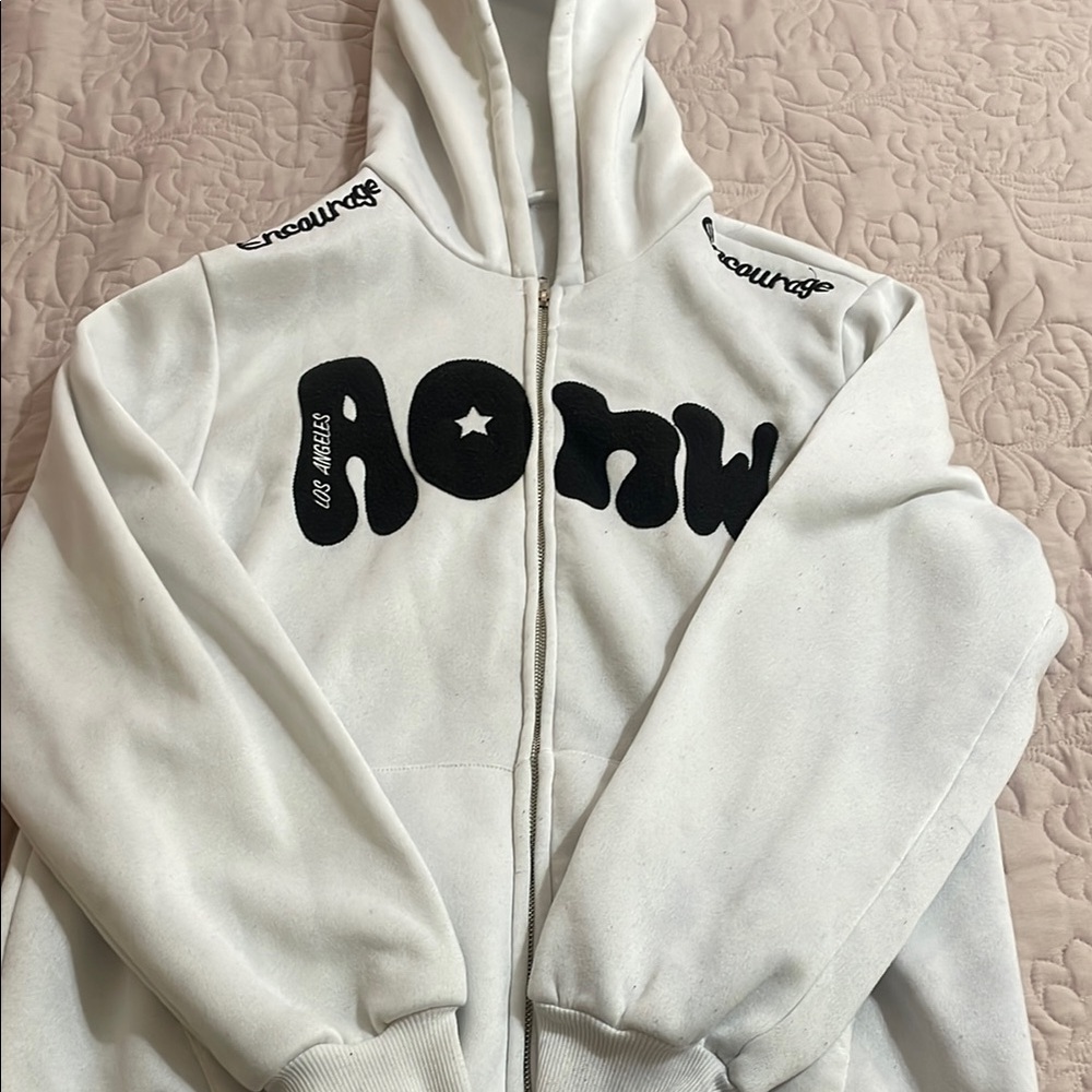 SHEIN White Zip-Up Hoodie with Black Lettering